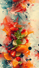 An abstract painting of various fruits. The colors are vibrant and the shapes are fluid, giving the painting a sense of energy and movement.
