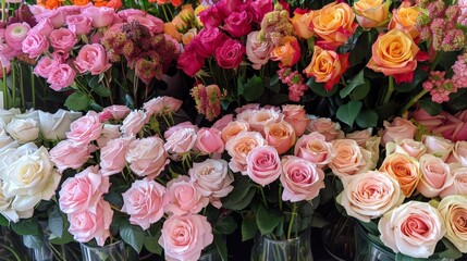 A bouquet of flowers with pink and orange roses