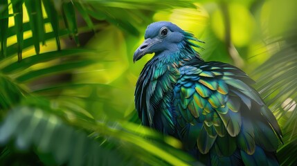 Captivating close-up of an unusual Nicobar pigeon hidden amidst the lush greenery of the tropical rainforest, its intricate plumage adding to its mysterious allure.