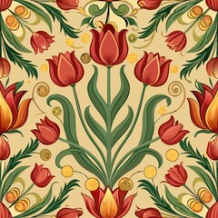Seamless pattern of antique-inspired tulips framed by ornate borders, Generative AI