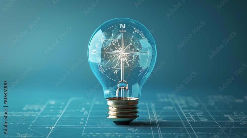 Wall mural creativity and design: a 3d vector illustration of a lightbulb with a compass and blueprint inside