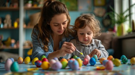 A woman and a child are painting Easter eggs together