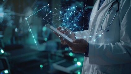 Doctor holding an iPad with medical data floating around, digital glowing connections between devices and health information in the background. copy space for text.