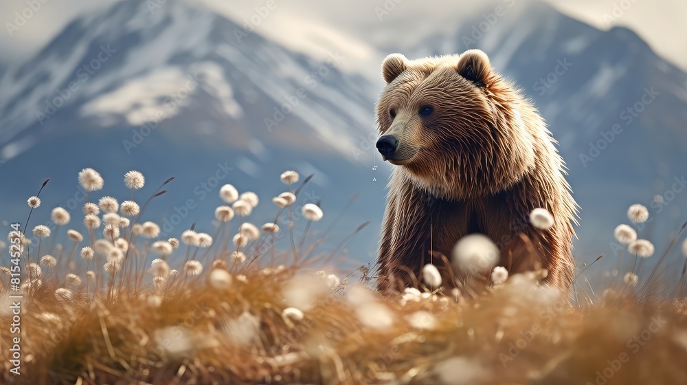 Wall mural Majestic brown bear roaming through a picturesque landscape of cotton grass, its powerful presence contrasting beautifully with the delicate white tufts. - Wall murals