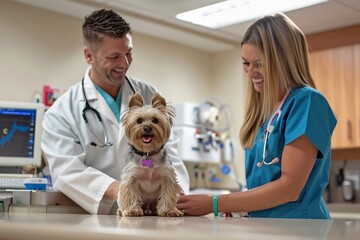 A small Yorkshire Terrier dog is sitting on the table in front of two people, one male and female doctor wearing white coats with stethoscopes around their necks. copy space for text.