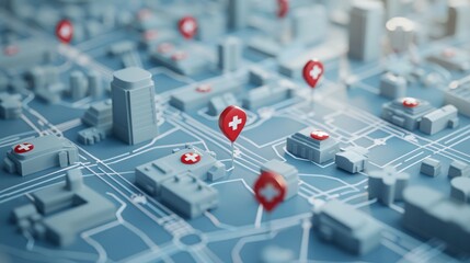 Emergency Response: A 3D vector illustration of a map with pins indicating medical facilities and first aid stations for emergency response