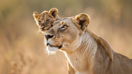 Intriguing composition of an African lioness carrying her cub in her mouth, the cub's curious gaze and the lioness's watchful demeanor adding depth and emotion to the captivating scene.