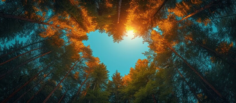 low angle view of pine trees in forest forming a heart against blue sky, perspective view from bottom to top