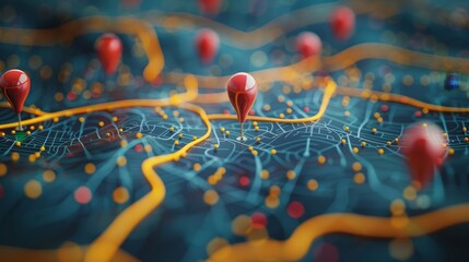 Event Planning: A 3D vector illustration of a map with pins indicating various venues and logistics for event planning