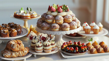 Assortment of fresh pastry on table in restaurant.