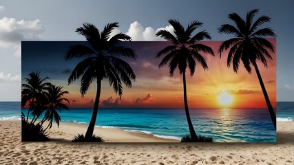 sunset on the beach large tropical cutout backdrops with palm trees and 3D rendering in png format.