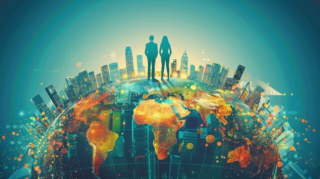 Global Business: A 3D vector illustration of a businessman and businesswoman standing on top of a world globe