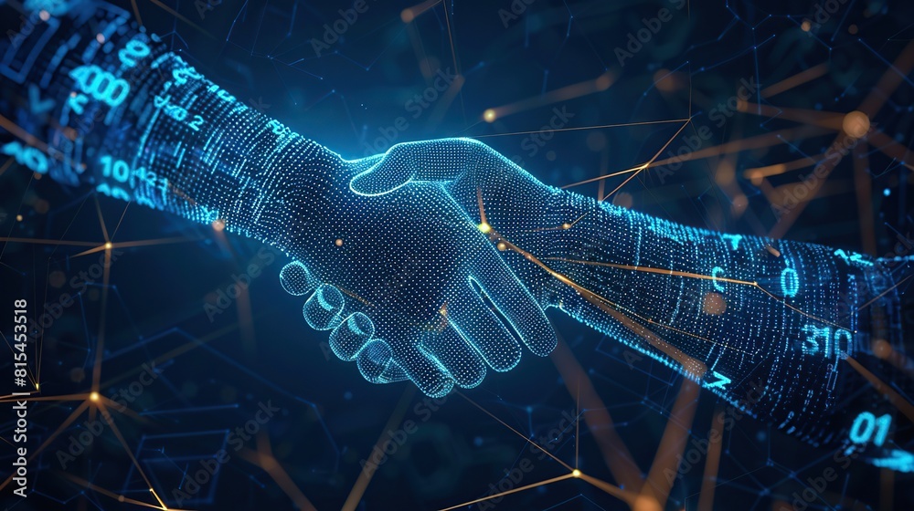 Poster a digital handshake on blue technical backdrop with empty space for text or product. copy space for 