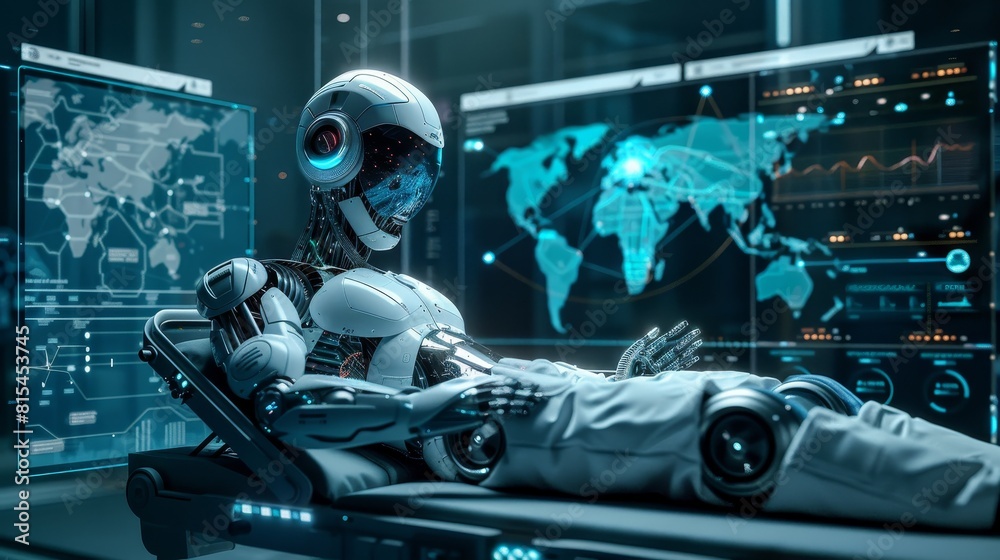 Poster Global Health: A 3D vector illustration of a futuristic healthcare robot assisting a patient