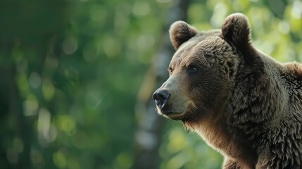 Obraz premium Enigmatic close-up of a brown bear with a soft bokeh of greenery in the background, conveying a sense of mystery and intrigue in the wilderness. 