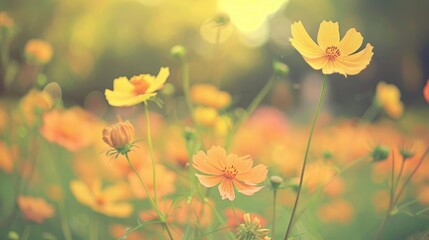 Obraz premium Beautiful Yellow Cosmos Flowers in a Garden with Cosmos Field Background