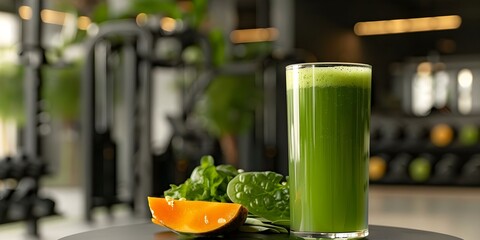 Refreshing green juice on modern table in sleek workout studio. Concept Healthy Lifestyle, Green Juice, Fitness Studio, Modern Interiors, Refreshing Drink