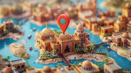 Fototapeta premium Travel Destination: A 3D vector illustration of a map with a pin highlighting a cultural travel destination