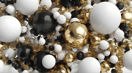 Cluster of abstract spheres and solids, gold, white and black, 3d render. generative.ai