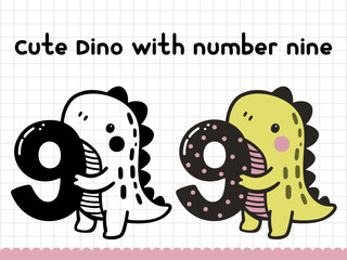 Cute doodle dinosaur with number nine for preschoolers. Vector illustration.
