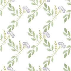 White oregano and soft green branches with leaves. Seamless watercolor pattern for fabric, wallpaper, wrapping paper, packaging cosmetics, tablecloths, curtains and home textiles.