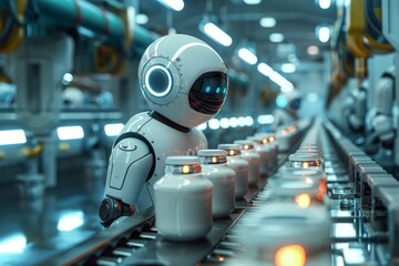 Obraz premium Side view of an AI robot standing on a conveyor belt for eco cosmetics in a factory, linear conveyo