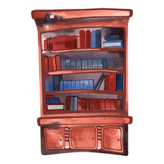 Old fashioned vintage antique bookcase filled with books. Furniture. Blank for interior design of a library or bookstore. Source of knowledge. Isolated watercolor illustration on white background
