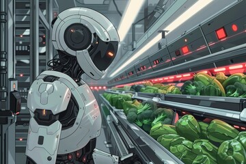 Fresh cabbage on a conveyor line in a factory and smart AI robot, packaging, processing and export