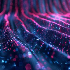 Abstract glowing pink and blue particles wave radiant background.