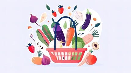Colorful still life of a basket overflowing with an assortment of fresh organic vegetables and fruit.