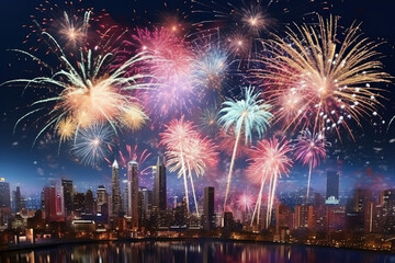 Generative ai on theme festive brightly fireworks on twilight background high in dark sky