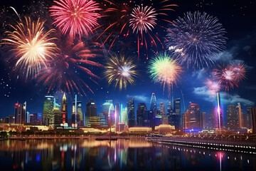 Generative ai on theme festive brightly fireworks on twilight background high in dark sky