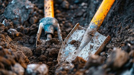 Fototapeta premium Two shovels are in the dirt, one of which is yellow