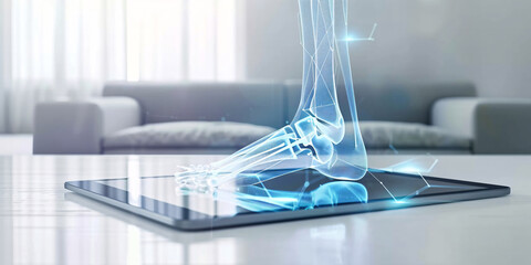 Tablet pc with human leg bone drawing on screen. Medicine and healthcare concept	
