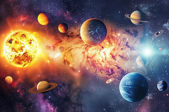 Generative ai on theme of parade of planets in solar system, bright stars glow in atmosphere
