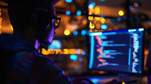 Startup developer coding late at night close up, tech development theme, futuristic, Silhouette, cluttered tech workspace as backdrop.