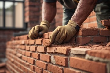 bricklayer laying bricks to make the walls of house