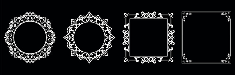 Set of decorative frames Elegant vector element for design in Eastern style, place for text. Floral black and white borders. Lace illustration for invitations and greeting cards.