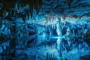Generative ai on theme of a large beautiful sharp stalactites hanging down from deep mountain cave