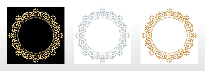 Set of decorative frames Elegant vector element for design in Eastern style, place for text. Floral black, golden and gray borders. Lace illustration for invitations and greeting cards