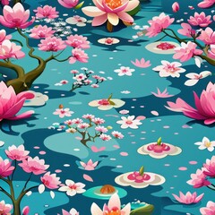Seamless pattern of vintage cherry blossoms drifting on a serene pond, Generative AI