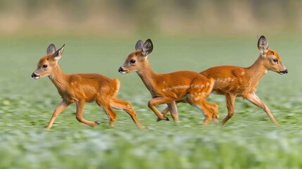 Close-up image of three majestic deer trotting across autumn field in the morning light