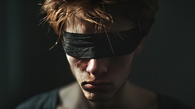 Close-up portrait of a young man with a blindfold on his eyes