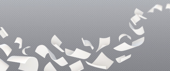 White curled paper sheet flying with wind blow diagonally on transparent background. Realistic 3d vector illustration of floating in air empty curved document pages. Mockup of scattered flying note.