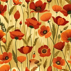 Seamless pattern of vintage poppies swaying in a rustic field, Generative AI