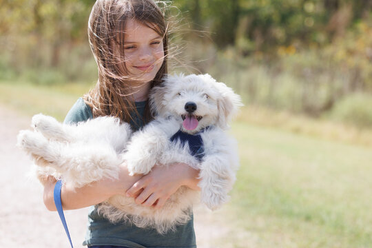 Joyful girl holding a playful white puppy outdoors on a sunny day