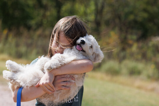 Joyful girl holding a playful white puppy outdoors on a sunny day