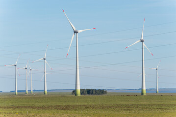 Fototapeta premium A field of wind turbines with a clear blue sky in the background
