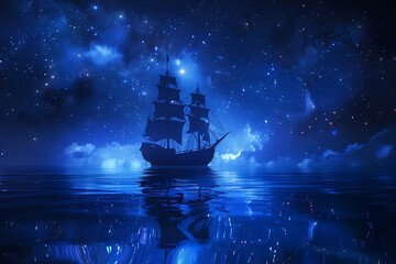 A ghost pirate ship floating on a cold dark blue sea landscape with a starry night sky background...