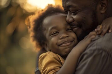 Fototapeta premium A man embracing a child tenderly in a forest setting